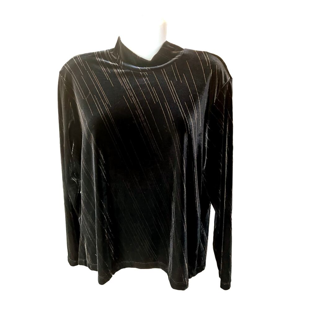 Christie & Jill Womens Black w Gold Lines Velour Long Sleeve Mock Neck Top SZ XL